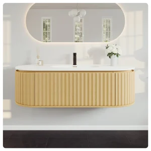 Eviva Haven 55″W x 22″D Natural Oak Wall Mount Bathroom Vanity with White Solid Surface Countertop and Integrated Sink