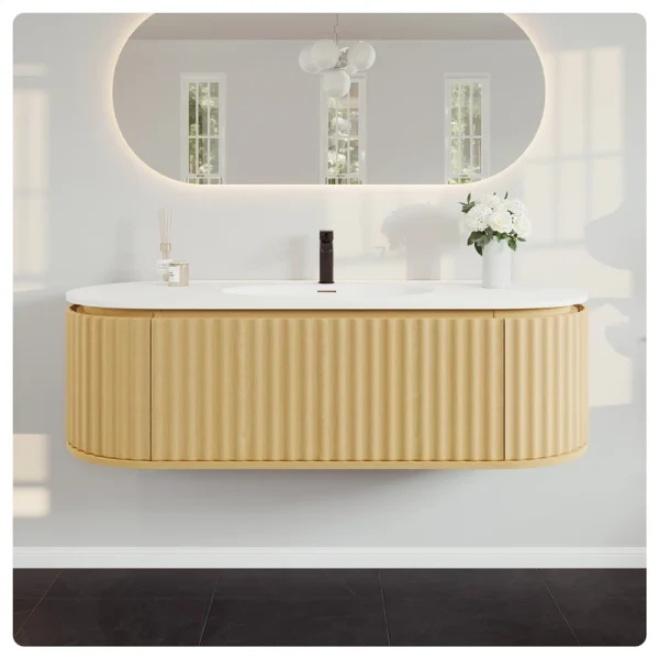 Eviva Haven 55″W x 22″D Natural Oak Wall Mount Bathroom Vanity with White Solid Surface Countertop and Integrated Sink