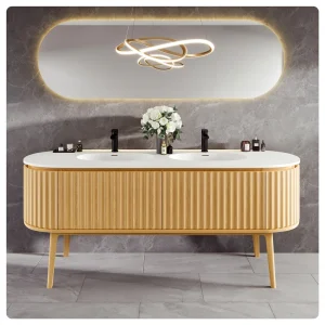 Eviva Haven 71″W x 22″D Natural Oak Double Sink Bathroom Vanity with White Solid Surface Countertop and Integrated Sinks
