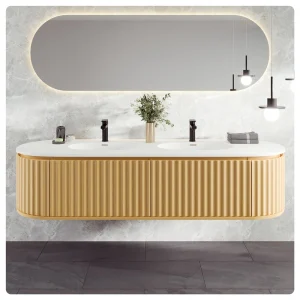 Eviva Haven 71″W x 22″D Natural Oak Wall Mount Double Sink Bathroom Vanity with White Solid Surface Countertop and Integrated Sinks