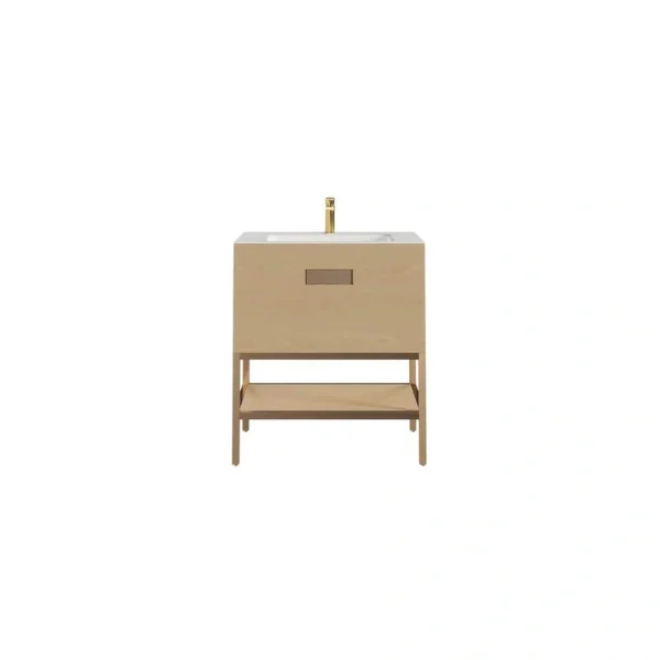 Eviva Iris 30 in. W. x 22 in. D x 33.5 in. H Oak Freestanding Bathroom Vanity with White Solid Surface Integrated Sink Top