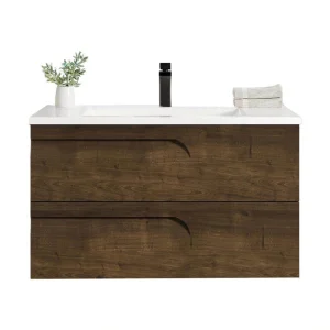Eviva Joyous 36 in. W x 18 in. D x 22.5 in. H Floating Bath Vanity in Rosewood with White Porcelain Top