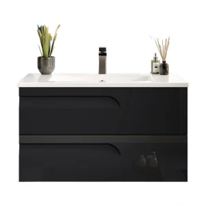 Eviva Joyous 39 in. W x 18 in. D x 22.5 in. H Floating Single Sink Bath Vanity in Black with White Porcelain Top