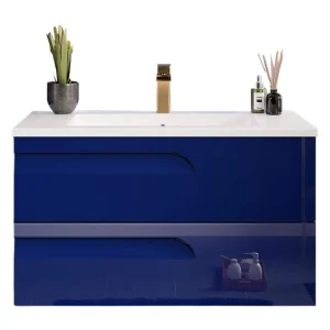 Eviva Joyous 39 in. W x 18 in. D x 22.5 in. H Floating Single Sink Bath Vanity in Blue with White Porcelain Top