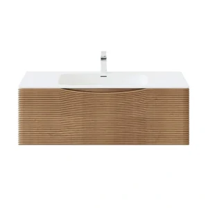 Eviva Leah 39 in. W Solid Wood Single Sink Bath Vanity Floating in Medium Oak with White Solid Surface Top