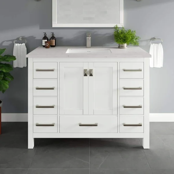 Eviva London 42 in. W x 18 in. D x 34 in. H Single Sink Freestanding Bath Vanity in White with White Carrara Quartz Top