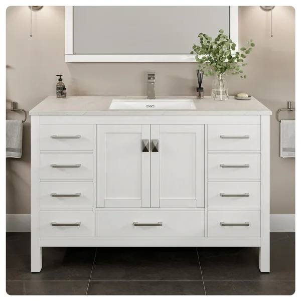 Eviva London 54″W x 18″D White Bathroom Vanity with White Carrara Quartz Countertop and Undermount Porcelain Sink