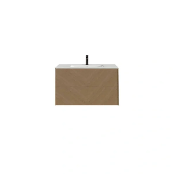 Eviva Lotus 30 in. W. x 22 in. D x 22 in. H Oak Wall Mount Bathroom Vanity with White Solid Surface Integrated Sink Top