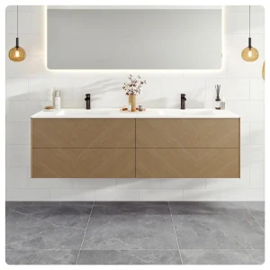 Eviva Lotus 59″W x 19″D Natural Oak Wall Mount Double Sink Bathroom Vanity with White Solid Surface Countertop and Integrated Sinks