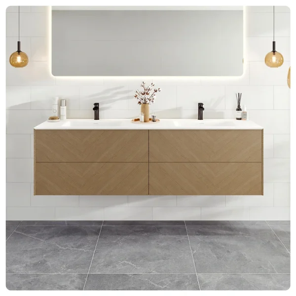 Eviva Lotus 59″W x 19″D Natural Oak Wall Mount Double Sink Bathroom Vanity with White Solid Surface Countertop and Integrated Sinks