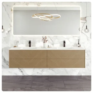 Eviva Lotus 71″W x 19″D Natural Oak Wall Mount Double Sink Bathroom Vanity with White Solid Surface Countertop and Integrated Sinks