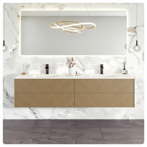 Eviva Lotus 71″W x 19″D Natural Oak Wall Mount Double Sink Bathroom Vanity with White Solid Surface Countertop and Integrated Sinks