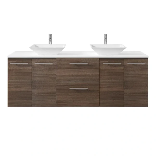Eviva Lux 60 in. W x 21 in. D x 26 in. H Floating Bath Vanity in Gray Oak with White Tempered Glass Top