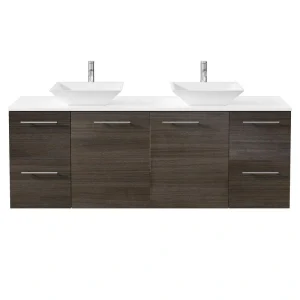 Eviva Luxurious 60 in. W x 22 in. D x 26 in. H Floating Bath Vanity in Gray Oak with White Tempered Glass Top
