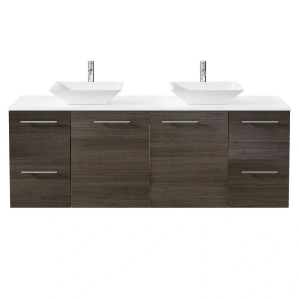 Eviva Luxurious 60 in. W x 22 in. D x 26 in. H Floating Bath Vanity in Gray Oak with White Tempered Glass Top