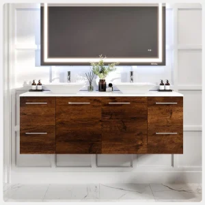 Eviva Luxurious 60 in. W x 22 in. D x 26 in. H Floating Bath Vanity in Rosewood with White Tempered Glass Top