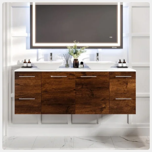 Eviva Luxurious 60 in. W x 22 in. D x 26 in. H Floating Bath Vanity in Rosewood with White Tempered Glass Top