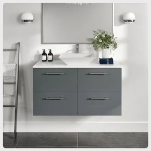 Eviva Luxury 40″W x 20″D Gray Wall Mount Bathroom Vanity with White Tempered Glass Countertop and Vessel Porcelain Sink