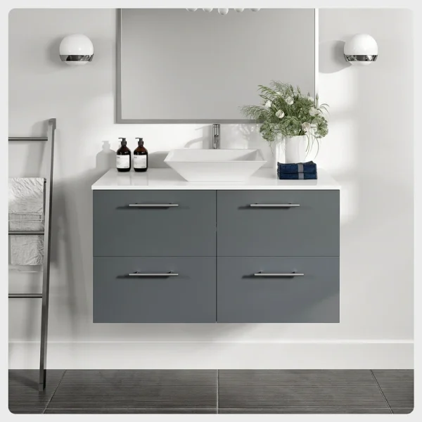 Eviva Luxury 40″W x 20″D Gray Wall Mount Bathroom Vanity with White Tempered Glass Countertop and Vessel Porcelain Sink