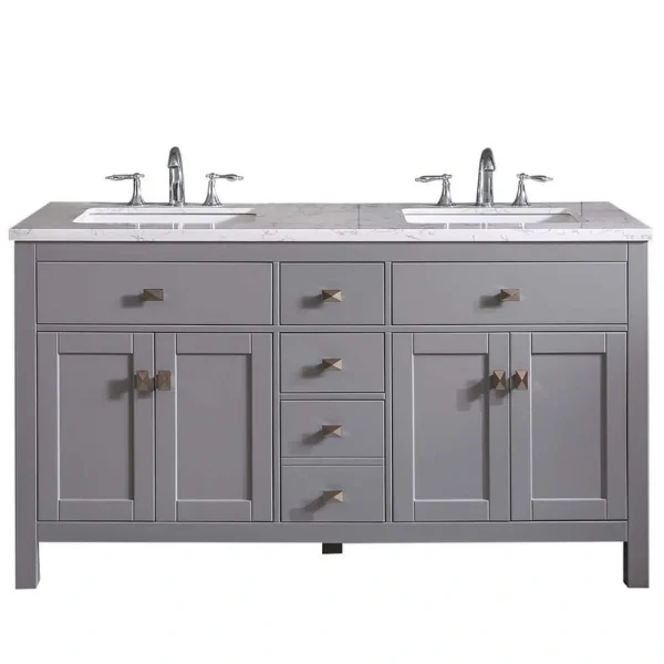 Eviva Memphis 60 in. W x 22 in. D x 33.7 in. H Double Bathroom Vanity in Gray with White Carrara Style Stone Top with Sinks