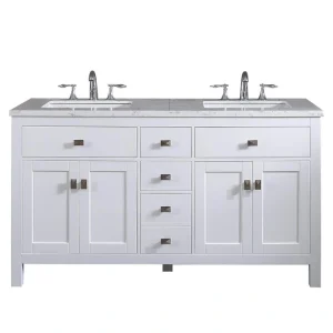Eviva Memphis 60 in. W x 22 in. D x 33.7 in. H Double Bathroom Vanity in White with White Carrara Style Stone Top with Sinks
