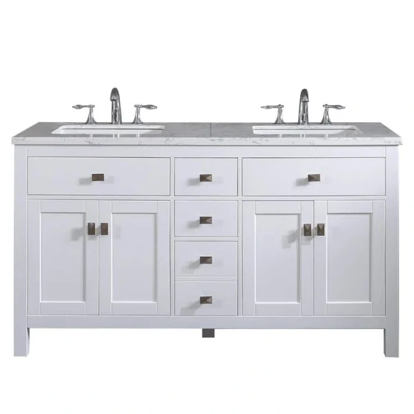 Eviva Memphis 60 in. W x 22 in. D x 33.7 in. H Double Bathroom Vanity in White with White Carrara Style Stone Top with Sinks