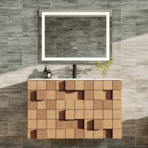 Eviva Mosaic 33″W x 20″D Natural Oak Wall Mount Bathroom Vanity with White Solid Surface Countertop and Integrated Sink