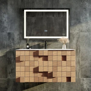 Eviva Mosaic 36″W x 20″D Natural Oak Wall Mount Bathroom Vanity with White Solid Surface Countertop and Integrated Sink