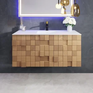 Eviva Mosaic 49″W x 20″D Natural Oak Wall Mount Bathroom Vanity with White Solid Surface Countertop and Integrated Sink
