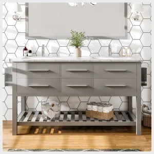 Eviva Natalie 60″W x 22″D Gray Double Sink Bathroom Vanity with White Carrara Marble Countertop and Undermount Porcelain Sinks