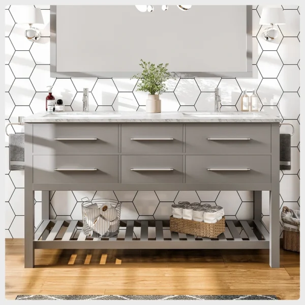 Eviva Natalie 60″W x 22″D Gray Double Sink Bathroom Vanity with White Carrara Marble Countertop and Undermount Porcelain Sinks