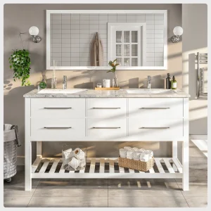Eviva Natalie 60″W x 22″D White Double Sink Bathroom Vanity with White Carrara Marble Countertop and Undermount Porcelain Sinks