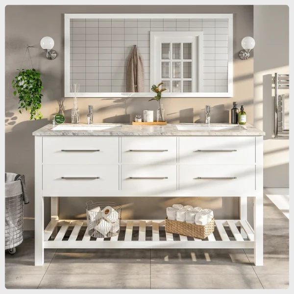 Eviva Natalie 60″W x 22″D White Double Sink Bathroom Vanity with White Carrara Marble Countertop and Undermount Porcelain Sinks