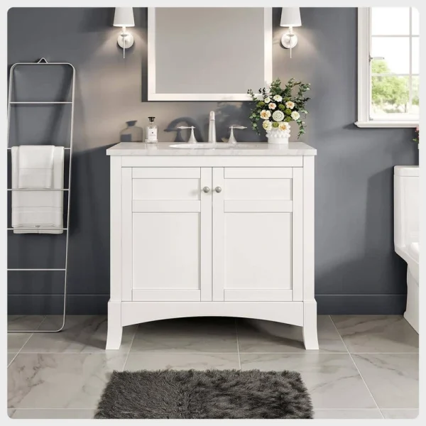 Eviva New York 36 in. W x 22 in. D x 34 in. H Bathroom Vanity in White with White Carrara Marble Top with White Sink