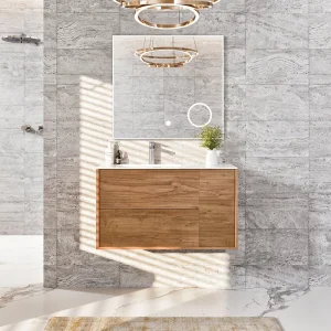 Eviva Prancer 36″W x 20″D Natural Oak Wall Mount Bathroom Vanity with White Solid Surface Countertop and Integrated Sink