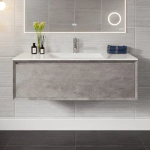 Eviva Vista 48″W x 23″D Concrete Gray Wall Mount Bathroom Vanity with White Carrara Quartz Countertop and Undermount Porcelain Sink