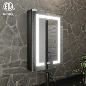 ExBrite 20-in x 30-in Lighted LED Fog Free Surface/Recessed Mount Matte Black Mirrored Soft Close Medicine Cabinet with Outlet T726923505