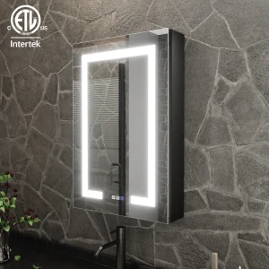 ExBrite 20-in x 30-in Lighted LED Fog Free Surface/Recessed Mount Matte Black Mirrored Soft Close Medicine Cabinet with Outlet T726923507