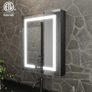 ExBrite 24-in x 30-in Lighted LED Fog Free Surface/Recessed Mount Matte Black Mirrored Soft Close Medicine Cabinet with Outlet T726923494