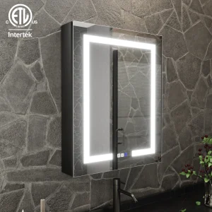 ExBrite 24-in x 30-in Lighted LED Fog Free Surface/Recessed Mount Matte Black Mirrored Soft Close Medicine Cabinet with Outlet T726923495