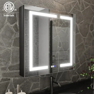 ExBrite 30-in x 30-in Lighted LED Fog Free Surface/Recessed Mount Matte Black Mirrored Soft Close Medicine Cabinet with Outlet