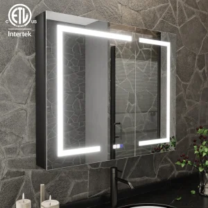 ExBrite 36-in x 30-in Lighted LED Fog Free Surface/Recessed Mount Matte Black Mirrored Soft Close Medicine Cabinet with Outlet