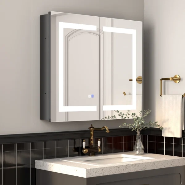 ExBrite Savio 30-in x 26-in Lighted LED Fog Free Surface/Recessed Mount Matte Black Mirrored Soft Close Medicine Cabinet with Outlet