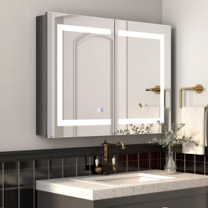 ExBrite Savio 36-in x 26-in Lighted LED Fog Free Surface/Recessed Mount Matte Black Mirrored Soft Close Medicine Cabinet with Outlet