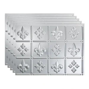 Fasade Fleur-de-lis 18″ x 24″ Brushed Aluminum Vinyl Backsplash Tile – 5 Pack