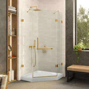 FINE FIXTURES 34 in. W x 34 in. D x 74 in. H Neo Angle Pivot Frameless Corner Shower Enclosure in Satin Brass Finish
