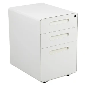 Flash Furniture Modern White 3-Drawer Filing Cabinet – Ergonomic Mobile Design, Lockable, Commercial Grade, Metal Construction, Rolling, 16x24x21 Inches