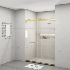 FORCLOVER 60 in. W x 76 in. H Double Sliding Frameless Soft Close Shower Door in Brushed Gold with 3/8 in. Clear Tempered Glass