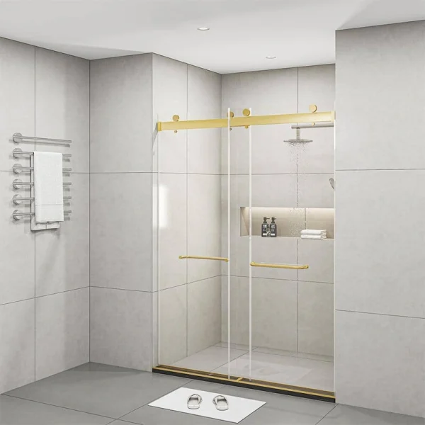 FORCLOVER 60 in. W x 76 in. H Double Sliding Frameless Soft Close Shower Door in Brushed Gold with 3/8 in. Clear Tempered Glass