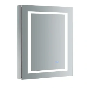 Fresca Spazio 24-in x 30-in Lighted LED Fog Free Surface/Recessed Mount LED Lighting Mirror- Left Mirrored Soft Close Medicine Cabinet with Outlet